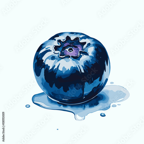 Watercolor Illustration of a Ripe Blueberry with Leaves