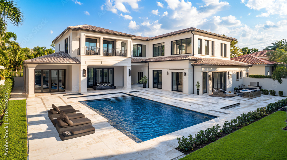 Inviting swimming pool and patio area of a luxurious contemporary home boasting a modern architectural design Inviting swimming pool and patio area of a luxurious contemporary home boasting a modern architectural design