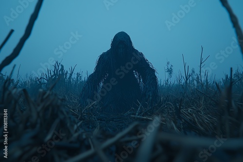 Mysterious figure in foggy field, creates eerie atmosphere. photo