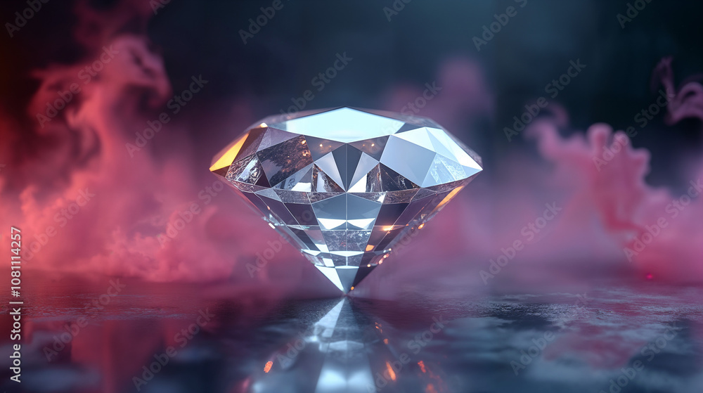 A Striking Diamond Captured in a Dramatic Scene with Color Smoke in a Studio A Striking Diamond Captured in a Dramatic Scene with Color Smoke in a Studio