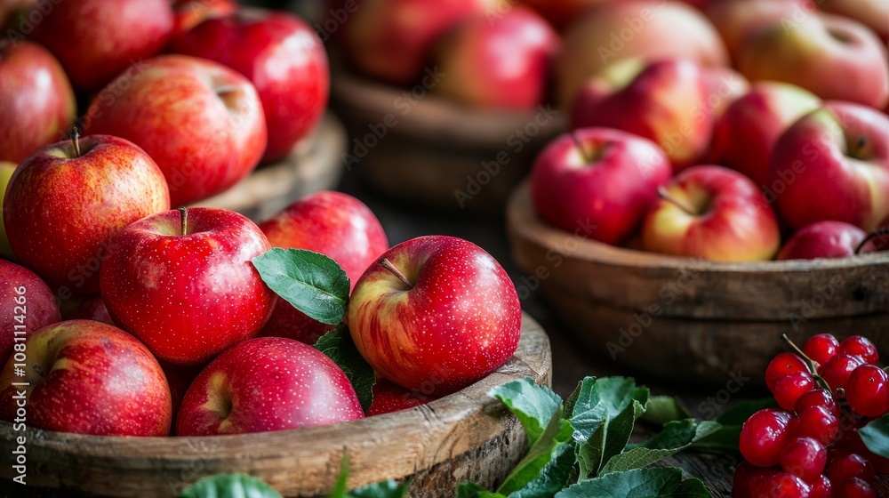 Red apples in rustic wooden bowls with leaves and berries Red apples in rustic wooden bowls with leaves and berries