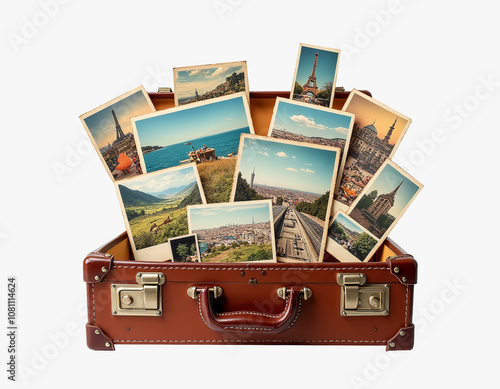 Vintage Suitcase with Travel Postcards and Landscape Memories photo