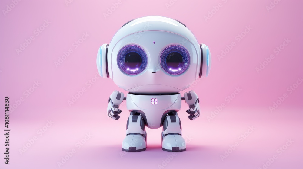 A charming small robot with big expressive eyes stands on a pastel background, exuding a sense of wonder and friendliness. A charming small robot with big expressive eyes stands on a pastel background, exuding a sense of wonder and friendliness.