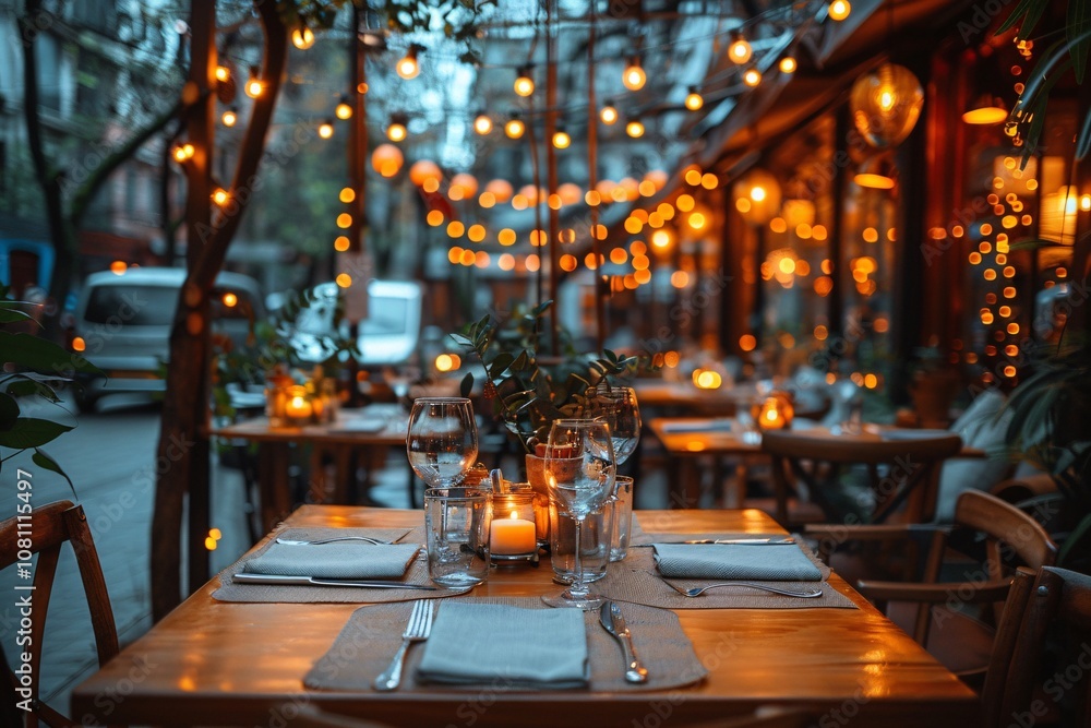 This inviting outdoor dining space features wooden tables set for dinner, adorned with glassware and flickering candles. The warm glow from string lights creates a romantic atmosphere This inviting outdoor dining space features wooden tables set for dinner, adorned with glassware and flickering candles. The warm glow from string lights creates a romantic atmosphere