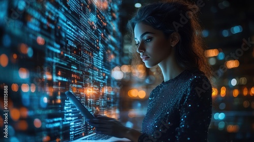 Woman working on laptop with code on screen in a night city.