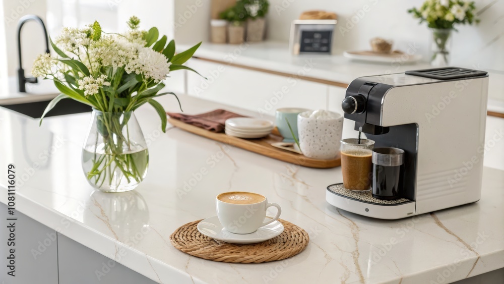 A chic cafe countertop with minimal decor: a single ceramic coffee cup, a small vase with fresh flowers, and a modern espresso machine on a clean white background. A chic cafe countertop with minimal decor: a single ceramic coffee cup, a small vase with fresh flowers, and a modern espresso machine on a clean white background.