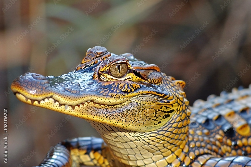 Fototapeta premium Shimmering scales on the skin of a golden alligator.