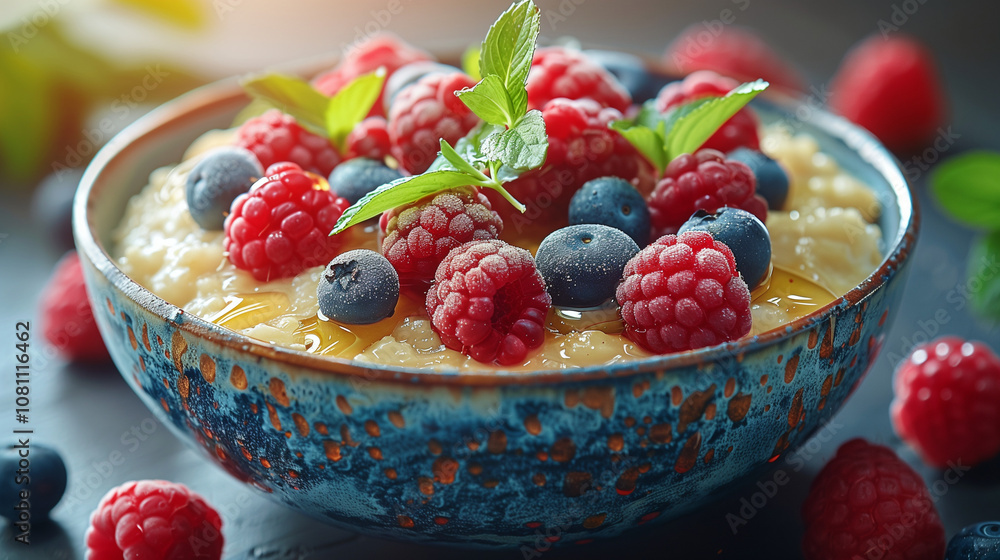 Creamy oatmeal with fresh berries and honey in blue bowl Creamy oatmeal with fresh berries and honey in blue bowl