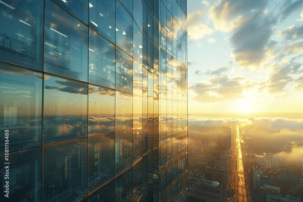 The office building features high-rise glass windows reflecting clouds and sunlight, with an empty street below symbolizing bustling business growth in a modern, civilized world. The office building features high-rise glass windows reflecting clouds and sunlight, with an empty street below symbolizing bustling business growth in a modern, civilized world.