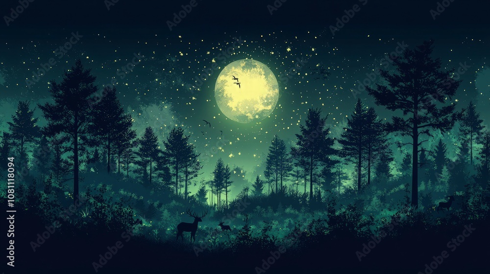 A dark forest scene depicting trees and animals surrounded by a protective green aura, symbolizing conservation efforts. Utilize contrast to show light filtering through the dense canopy A dark forest scene depicting trees and animals surrounded by a protective green aura, symbolizing conservation efforts. Utilize contrast to show light filtering through the dense canopy