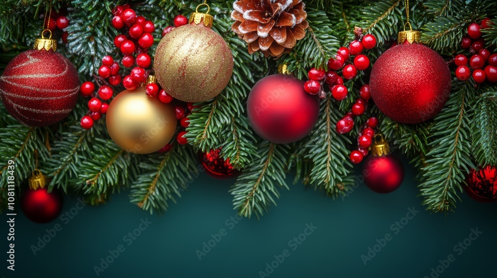 Close-up of a Christmas tree adorned with shimmering red and gold ornaments. Close-up of a Christmas tree adorned with shimmering red and gold ornaments.
