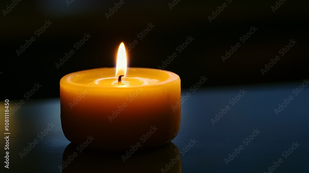 A single candle casts a warm glow on a dark table setting.