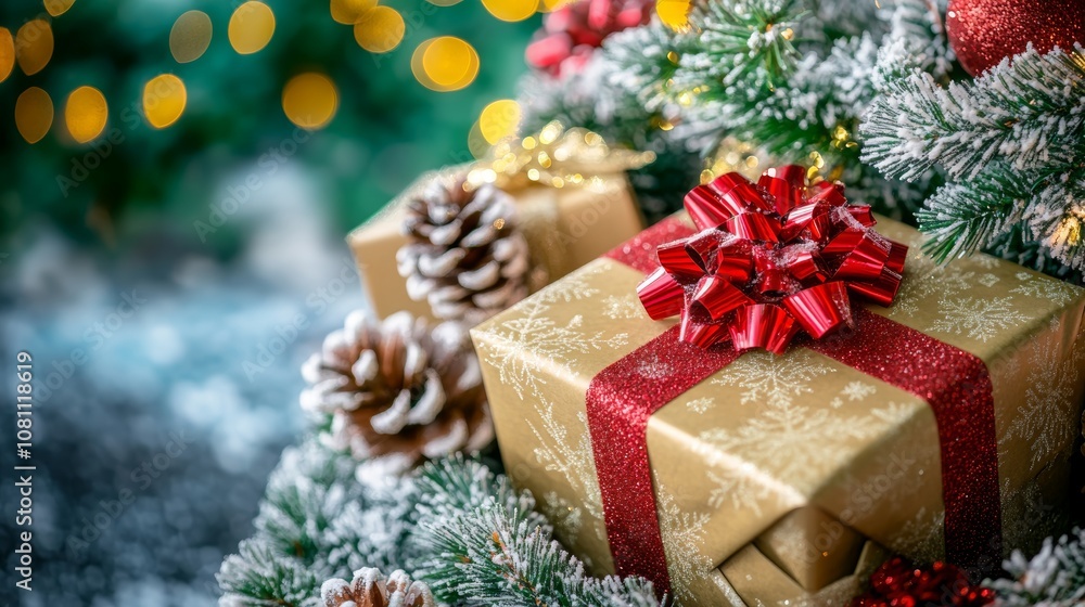 Christmas tree adorned with a shimmering gold and red wrapped gift. Christmas tree adorned with a shimmering gold and red wrapped gift.