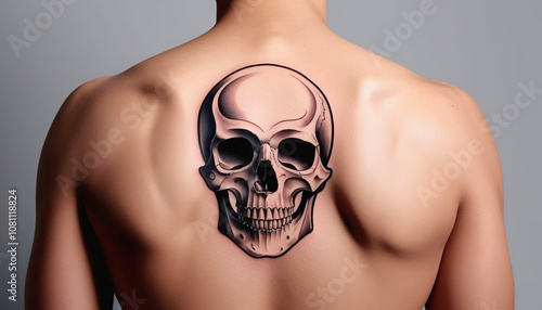 Skull tattoo art showcase studio setting body art minimalist background close-up perspective creative expression photo