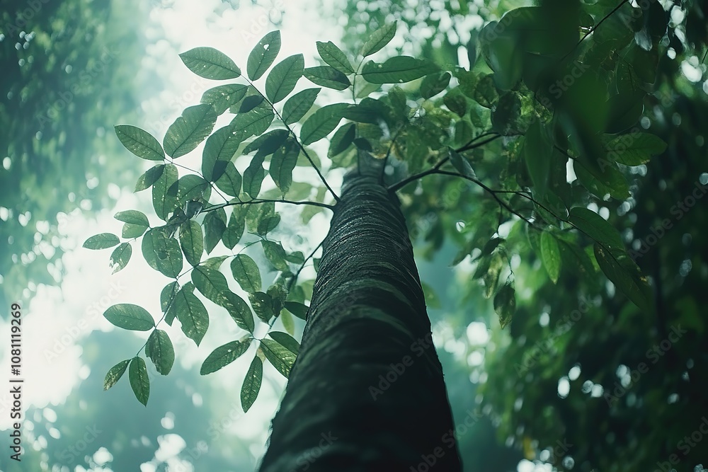 Fototapeta premium A view of a tall tree with lush green leaves in a misty forest.