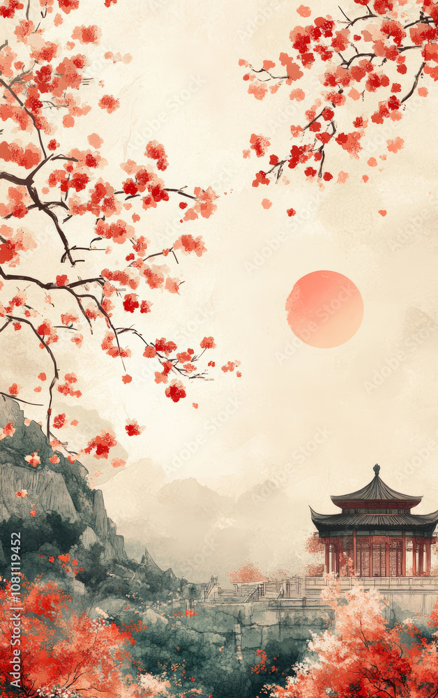 Obraz premium Chinese traditional ancient architecture art illustration 