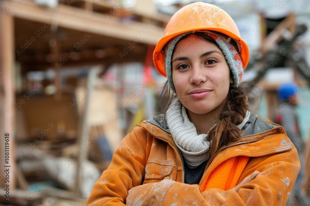 Portrait of a young woman working at a construction site. Portrait of a young woman working at a construction site.
