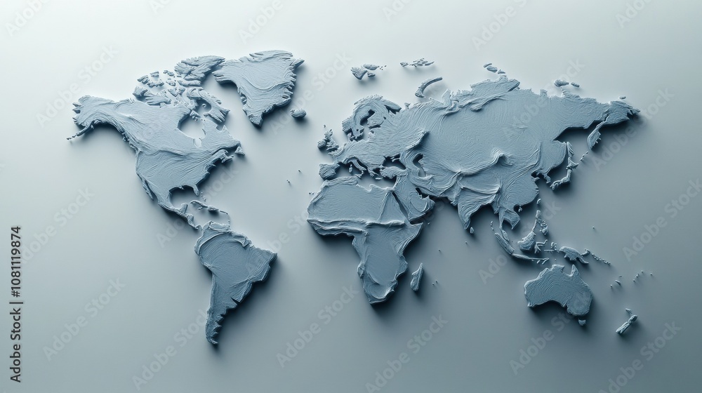 World map relief sculpture in monochrome gray tones, AI World map relief sculpture in monochrome gray tones, AI