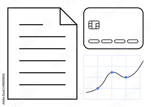 Financial document with horizontal lines, credit card with chip and abstract line graph with blue data points. Ideal for finance, business planning, data analysis, credit management, financial