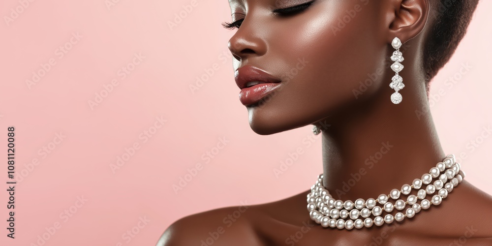 Elegant Woman with Pearl Jewelry, Shimmering Skin, and Sophisticated Makeup Against a Soft Pink Background, Beauty and Style Concept Elegant Woman with Pearl Jewelry, Shimmering Skin, and Sophisticated Makeup Against a Soft Pink Background, Beauty and Style Concept