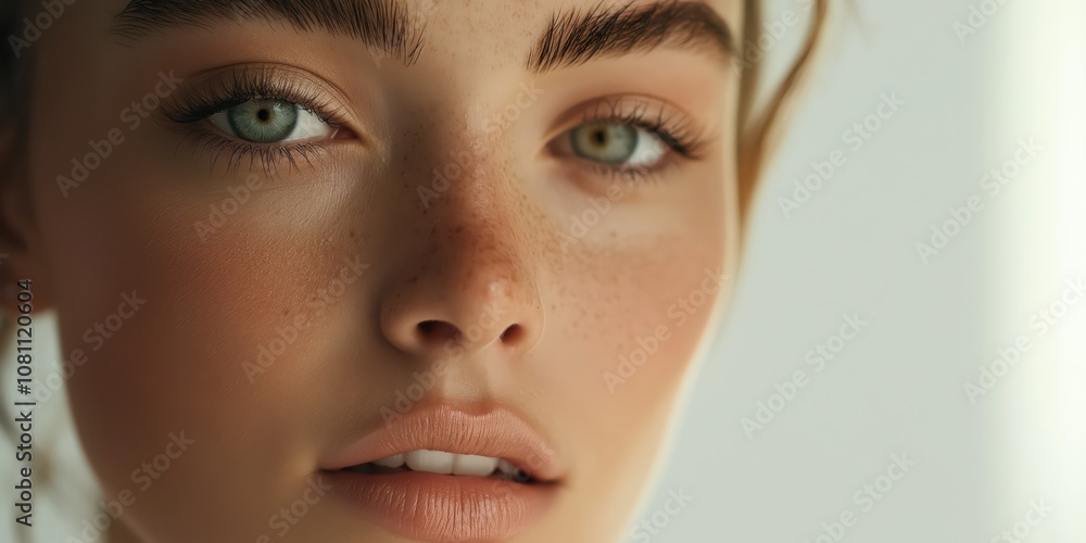 Fototapeta premium Closeup of woman's face with freckles, natural beauty, delicate features, vibrant, expressive eyes, smooth complexion, radiant glow, purity, serenity concept