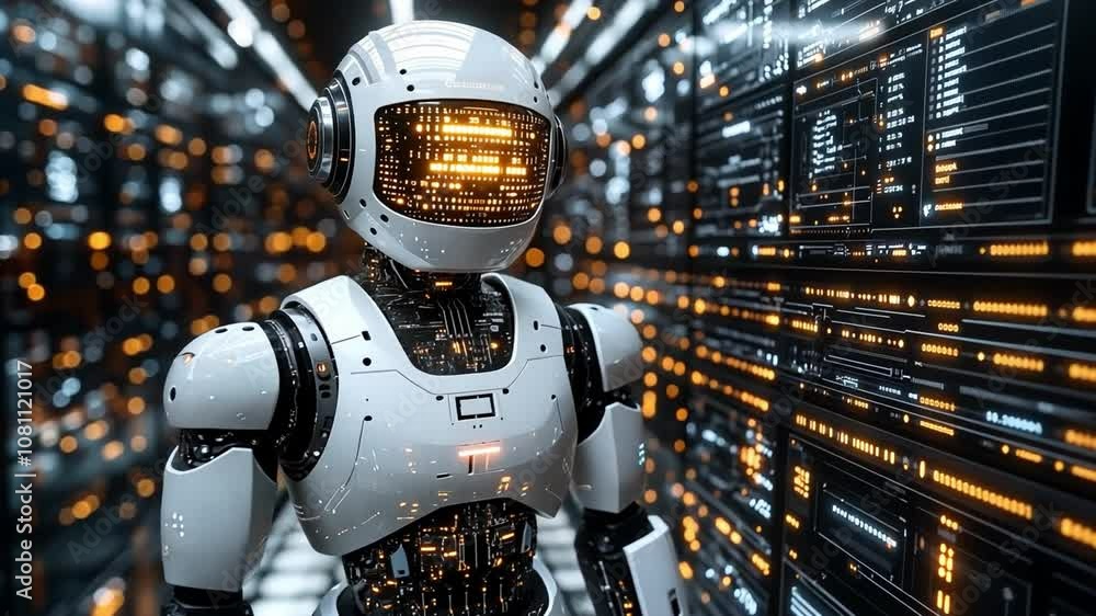 Futuristic robot standing in a high-tech corridor filled with glowing data panels at night Futuristic robot standing in a high-tech corridor filled with glowing data panels at night