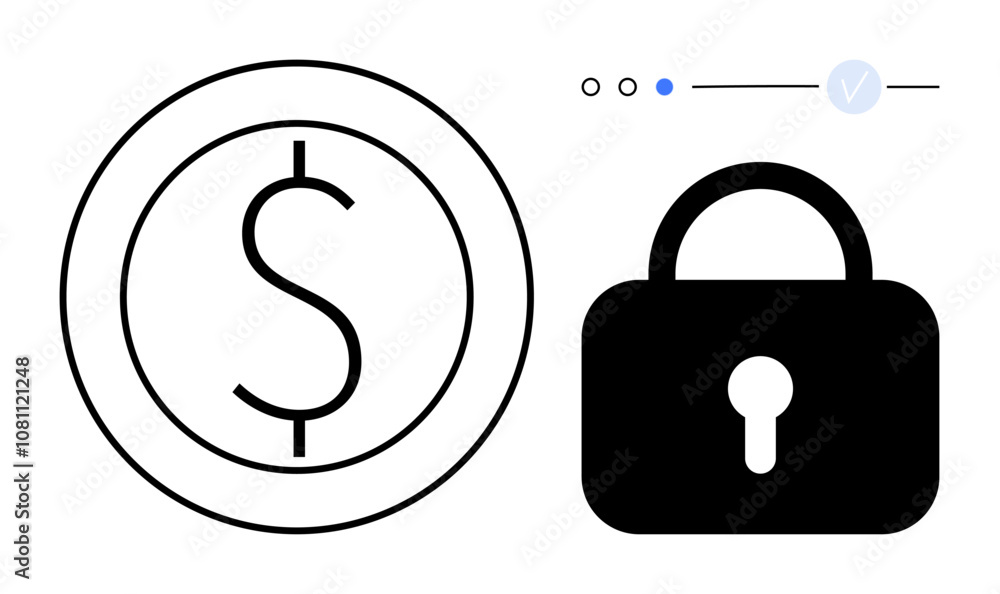 Dollar coin and lock symbolizing financial security and data protection. Ideal for fintech, banking, cybersecurity, online transactions, e-commerce, privacy policies, digital wallets. Line metaphor Dollar coin and lock symbolizing financial security and data protection. Ideal for fintech, banking, cybersecurity, online transactions, e-commerce, privacy policies, digital wallets. Line metaphor