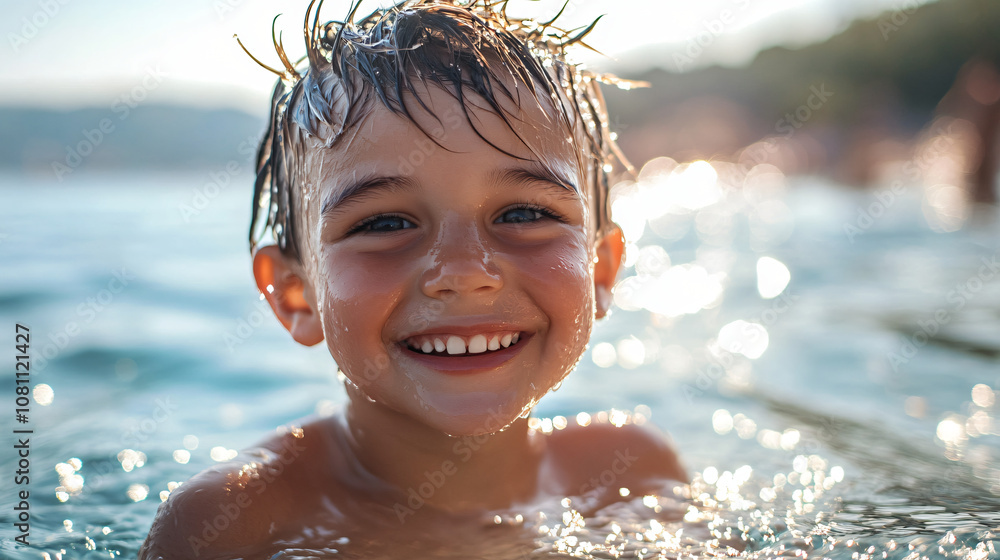 Portrait of a happy child enjoying a swim in the sea during summer vacation, reveling in the cool water Portrait of a happy child enjoying a swim in the sea during summer vacation, reveling in the cool water