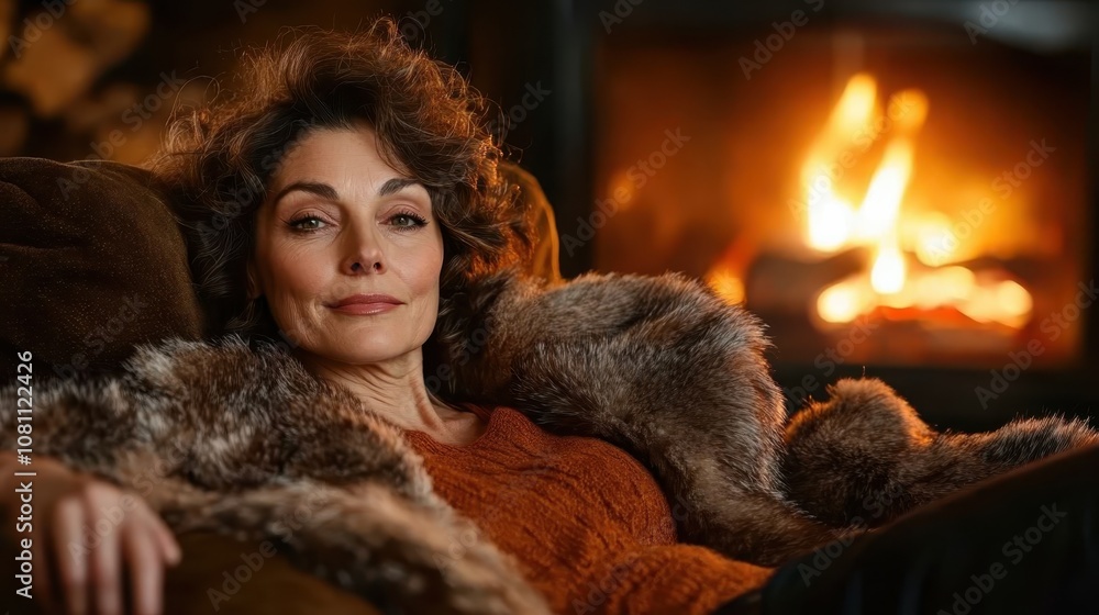 A sophisticated woman wrapped in a luxurious fur coat relaxes with a confident expression in front of a warm, inviting fireplace, symbolizing comfort and elegance. A sophisticated woman wrapped in a luxurious fur coat relaxes with a confident expression in front of a warm, inviting fireplace, symbolizing comfort and elegance.