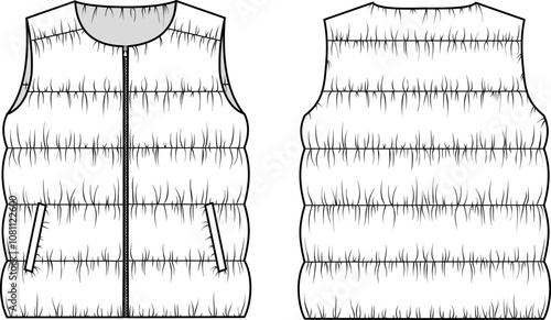 Editable technical fashion sketch for a Puffer Vest with pocket and zipper. Padded Gilet technical illustration. For apparel design, tech packs, and fashion production. Front, back view.