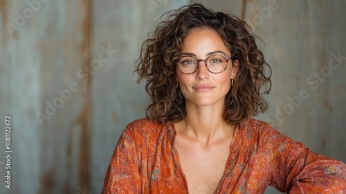 A woman wearing an orange blouse and glasses smiles warmly, highlighting her naturally curly hair against a textured wooden background, conveying warmth and happiness. photo