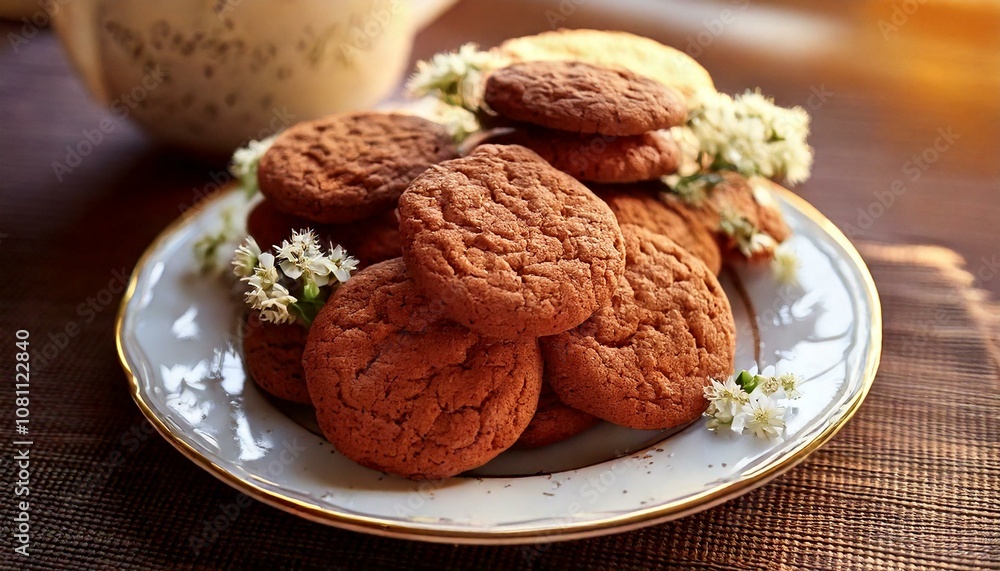 Delicious homemade delicious natural ginger cookies close-up handmade flowers for tea guests chocolate color on a plate Delicious homemade delicious natural ginger cookies close-up handmade flowers for tea guests chocolate color on a plate
