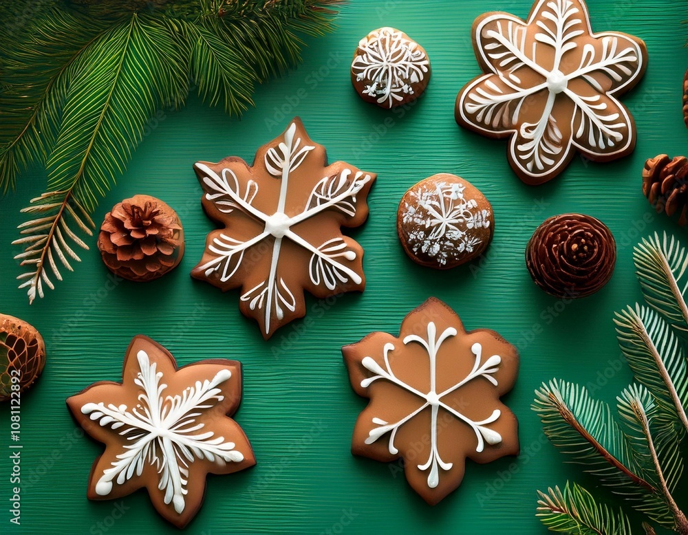 Fototapeta premium festive gingerbread cookies decorated with icing snowflakes on a green table surrounded by pine cones and miniature christmas trees