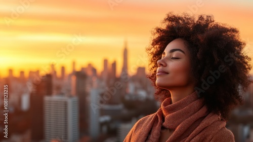 A young woman in a cozy scarf stands on a rooftop, eyes closed, enjoying the glow of the city sunset, capturing a moment of peace amid urban life.