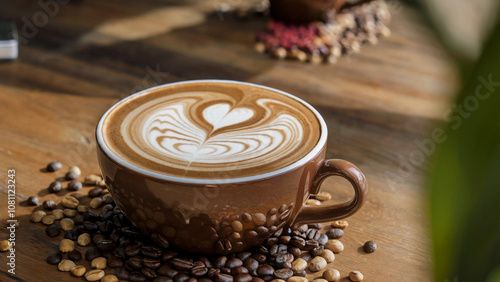 Artistic Latte with Intricate Heart Design Surrounded by Coffee Beans on a Wooden Table