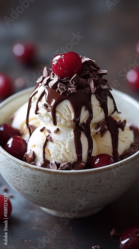 Delicious ice cream in an elegant plate, covered with a smooth layer of chocolate. Bright cherries decorate the top, adding color and freshness.