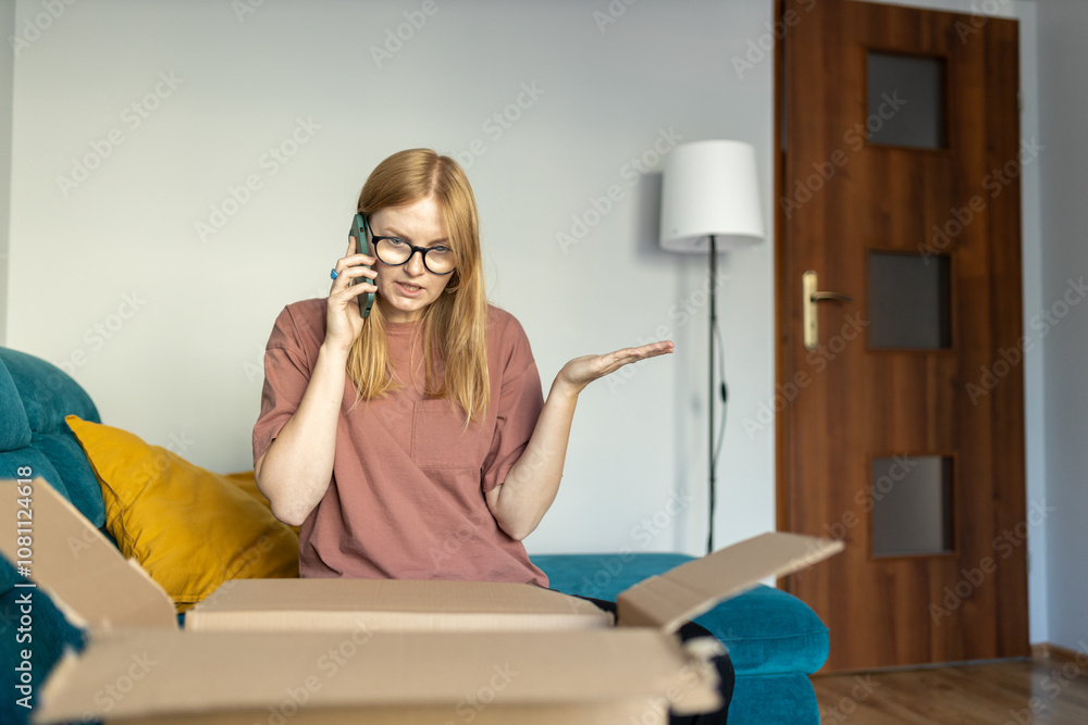 Dissatisfied angry young woman calling to online store after receiving broken product. Client sit on sofa check received box. Bad delivery services concept. Broken goods, bad services