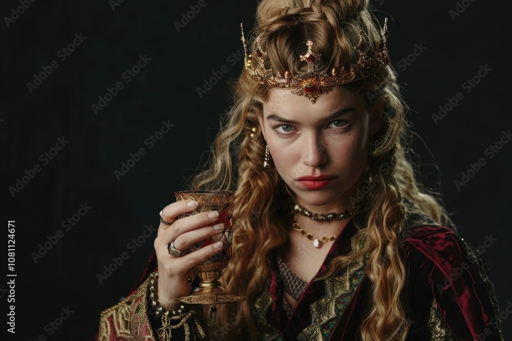 Fototapeta premium Portrait of plus sized blonde queen in medieval gown with wine cup.