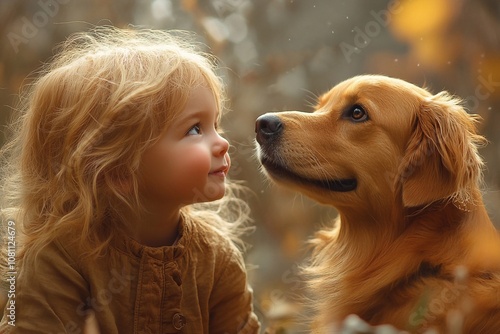 The girl looks calm and happy, and the dog looks at her devotedly, creating an atmosphere of friendship and warmth. They sit close to each other photo