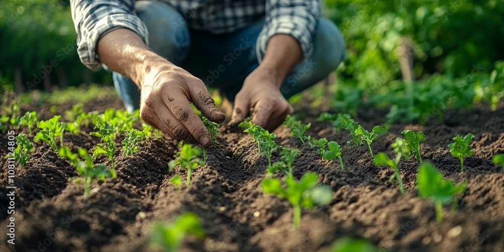 Fototapeta premium A Farmer Tends to Young Seedlings in a Lush Green Garden During the Warm Afternoon, Focusing on Nurturing Healthy Plant Growth