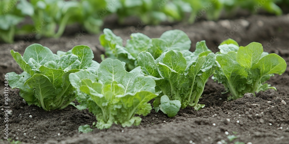 Freshly Planted, Vibrant Lettuce Growing in Rich Soil at a Local Farm During Early Springtime, Showcasing a Lush Green Garden Thriving Under Sunlight Freshly Planted, Vibrant Lettuce Growing in Rich Soil at a Local Farm During Early Springtime, Showcasing a Lush Green Garden Thriving Under Sunlight