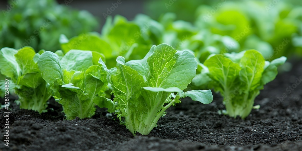 Fresh Romaine Lettuce Growing in Rich Dark Soil at a Local Farm During the Warm Sunlight of Mid-Morning in Early Summer Fresh Romaine Lettuce Growing in Rich Dark Soil at a Local Farm During the Warm Sunlight of Mid-Morning in Early Summer