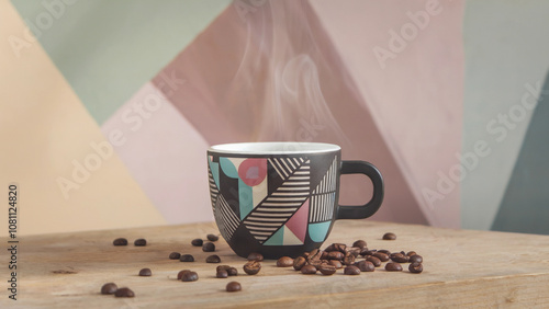 Steaming Coffee in Bold Geometric Mug with Scattered Coffee Beans on Wooden Surface
