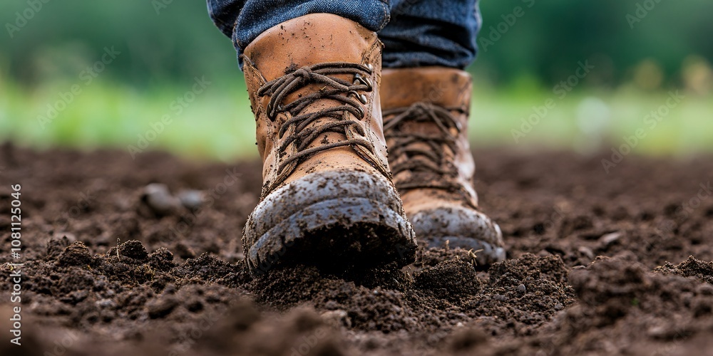 Close-up of Worn Hiking Boots Stepping on Rich, Dark Soil in a Lush Garden During Springtime, Emphasizing a Connection to Nature and Gardening Close-up of Worn Hiking Boots Stepping on Rich, Dark Soil in a Lush Garden During Springtime, Emphasizing a Connection to Nature and Gardening