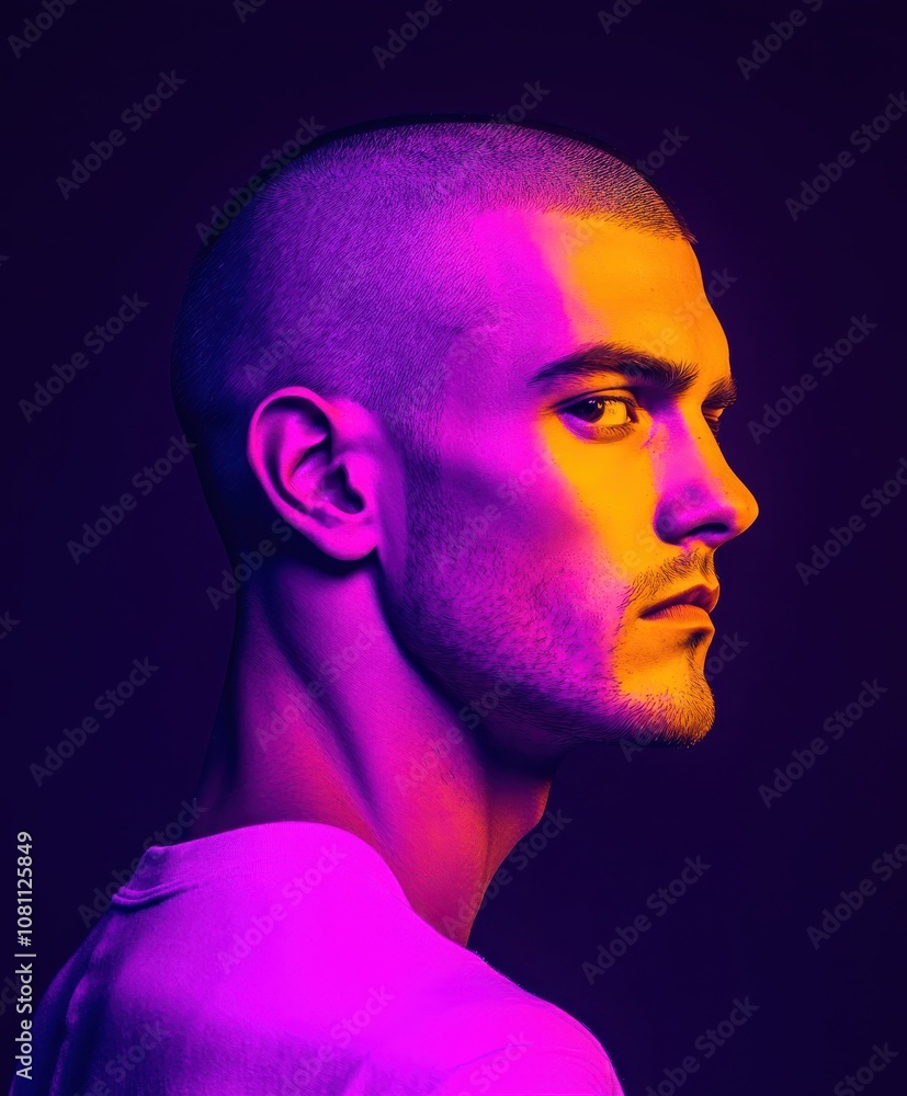 Portrait of a Man with Shaved Head and Colorful Lighting Portrait of a Man with Shaved Head and Colorful Lighting
