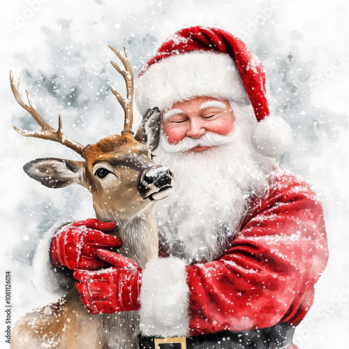 Watercolor image of Santa Claus with a baby deer