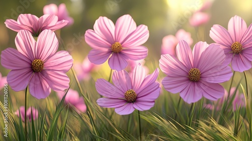 A vibrant group of pink flowers basking in golden sunlight, enhancing the beauty of a lush green field.