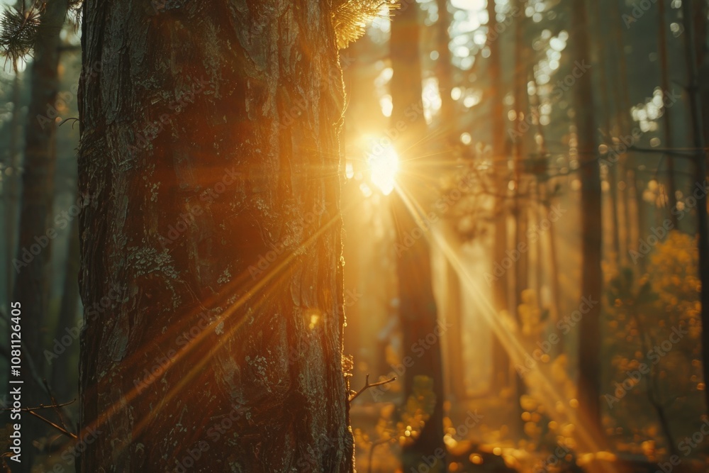 Fototapeta premium Golden sunlight through evergreen forest promoting environmental conservation.