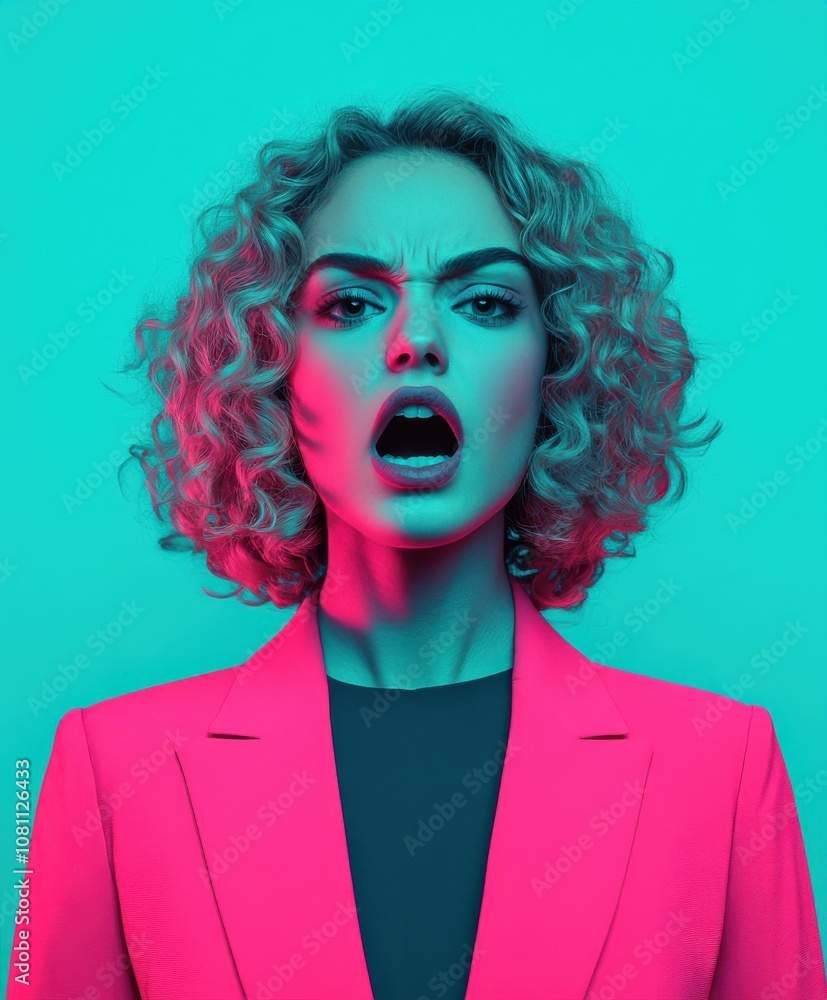 Expressive Woman with Curly Hair in Pink Suit Expressive Woman with Curly Hair in Pink Suit