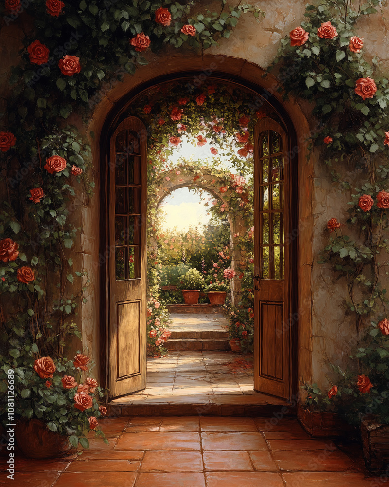 Fototapeta premium Open doors revealing a beautiful garden with blooming roses in a sunny atmosphere 
